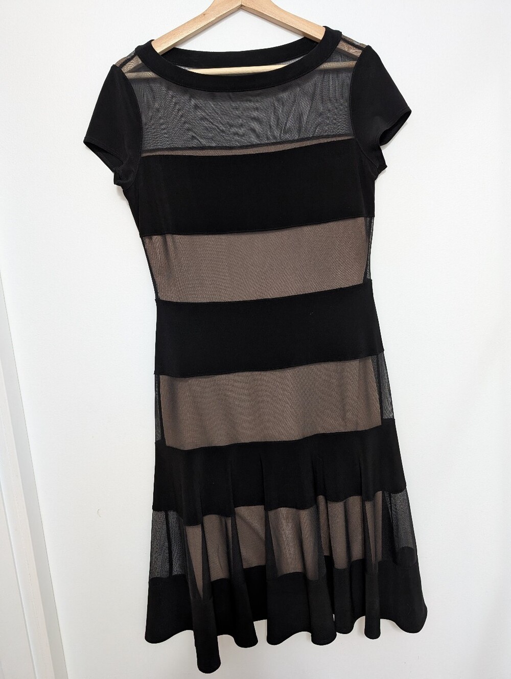Joseph Ribkoff 8 Midi Cocktail Dress Black Sheer Mesh Nude Liner Fitted Stretchy